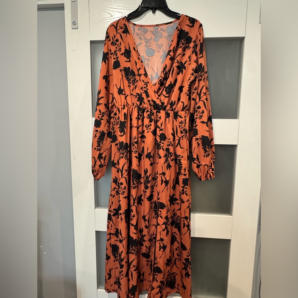 Floral V-Neck Long Sleeve Dress - Orange and Black